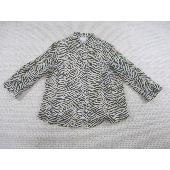 Alfred Dunner Shirt Womens 14 Black Beige Tiger Stripe Long Sleeve Button Blouse - Picture 1 of 8